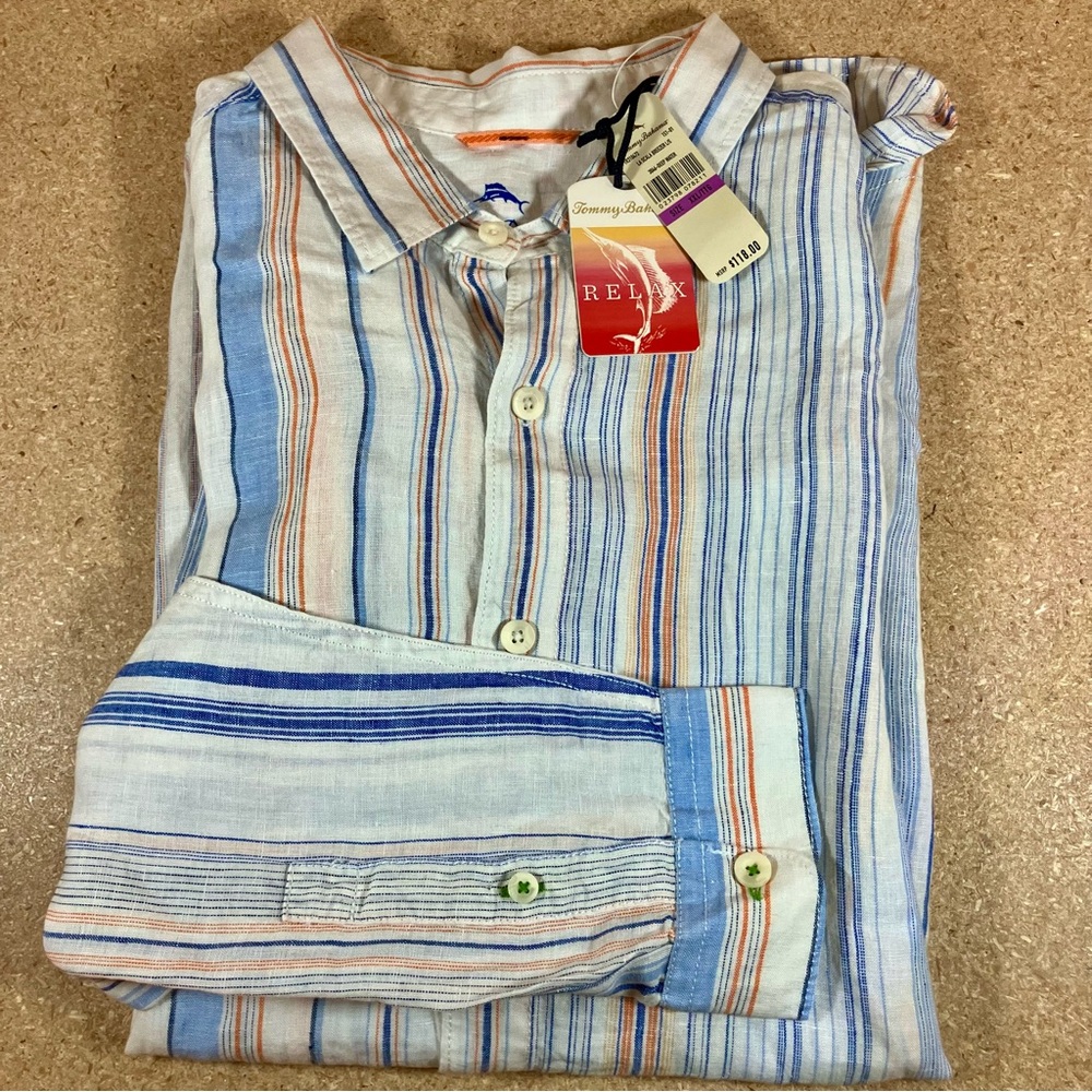 NWT Tommy Bahama Relax 100% Linen Shirt Men XXL Deep Water Blue Stripe MSRP $118